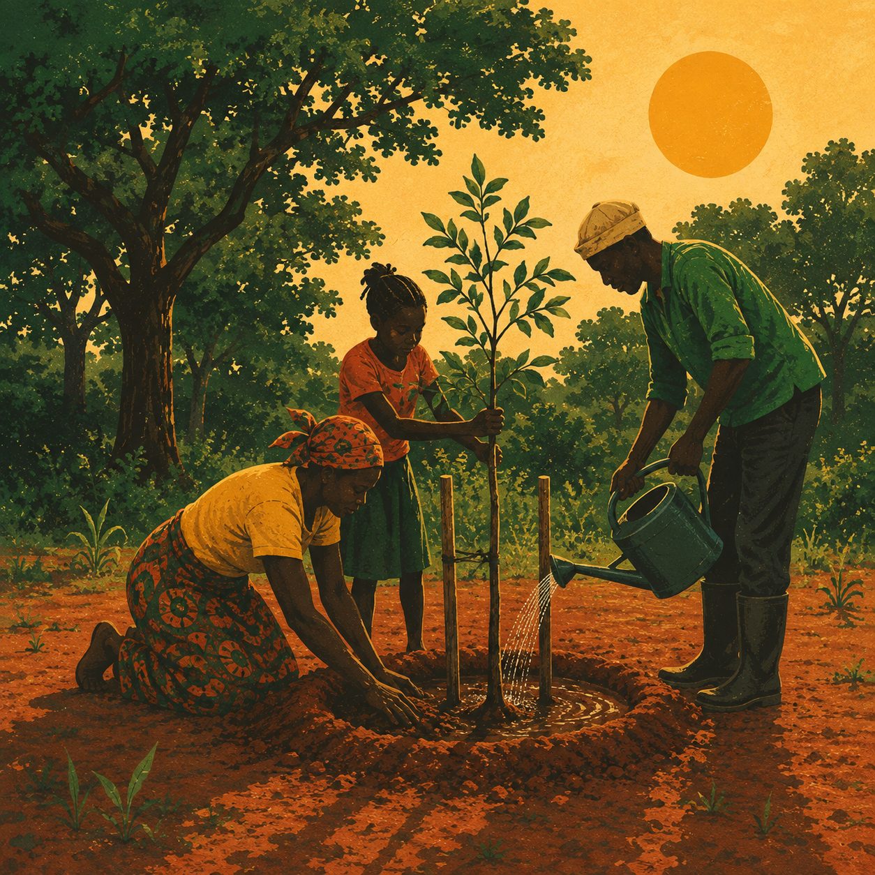 A woman, a man and a girl planting a young fruit tree together in red earth at sunset, watering it in.