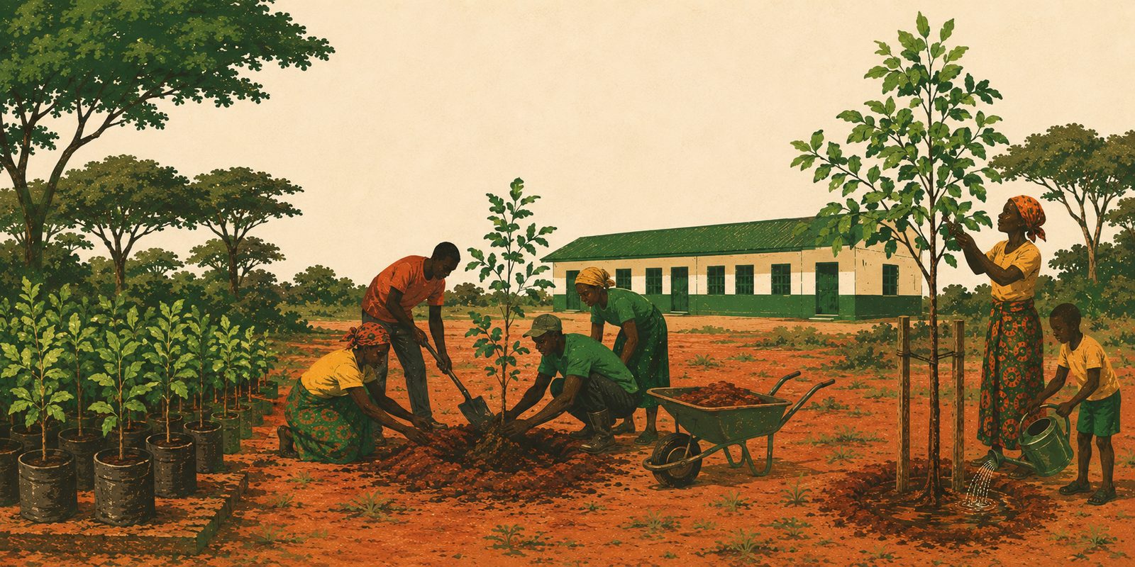 One continuous scene: potted saplings in a nursery bed, a group planting one into open ground beside a schoolhouse, and the same tree a season later being watered.