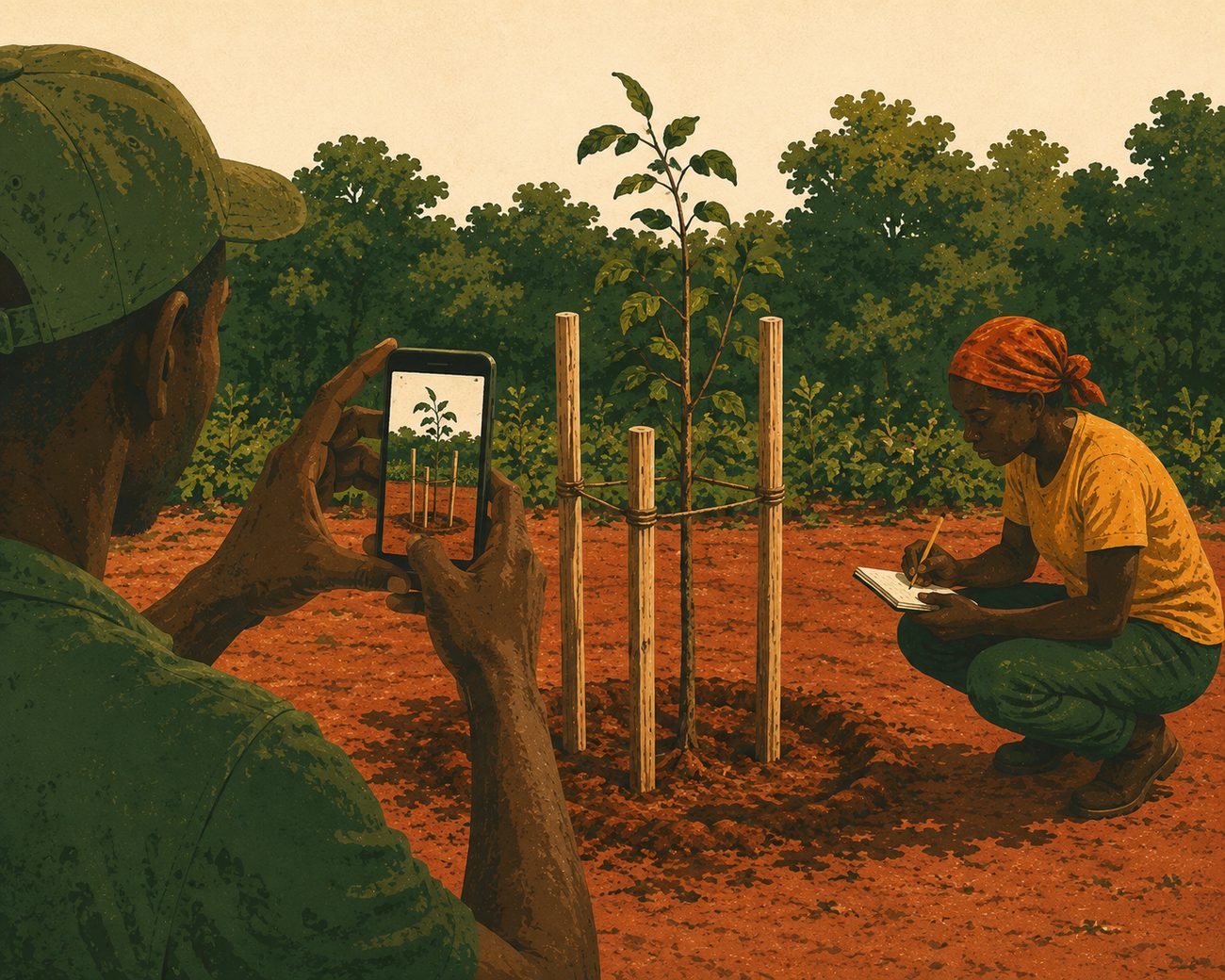One person photographs a newly planted sapling on a mobile phone while another crouches nearby writing in a notebook.