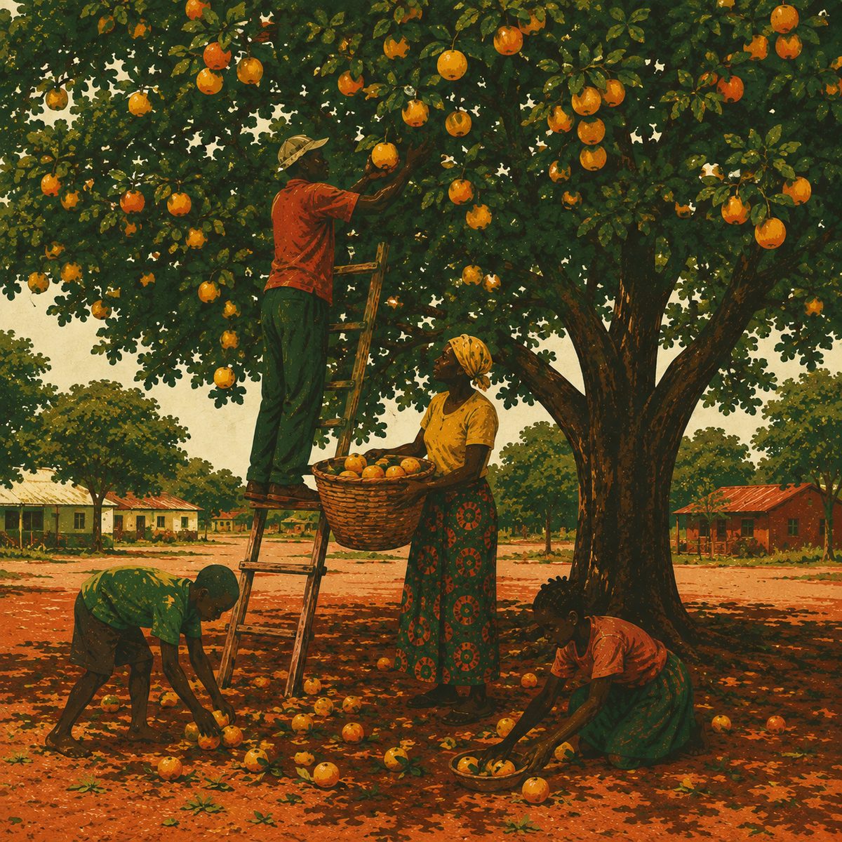 A mature fruit tree heavy with orange fruit, with a man on a ladder picking, a woman holding a full basket and two children gathering fallen fruit.