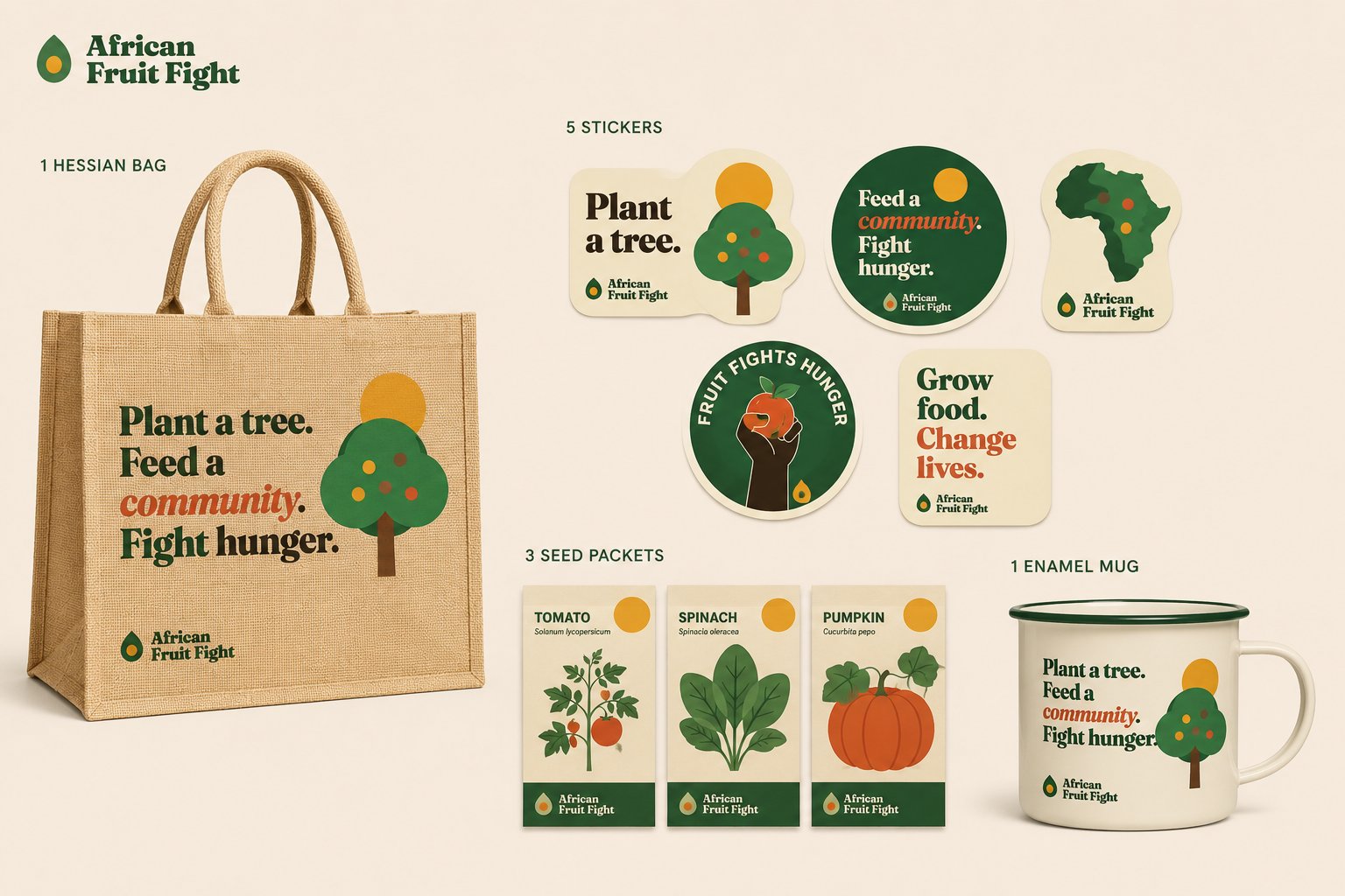 The African Fruit Fight Supporter Kit: a printed hessian bag, five stickers, three vegetable seed packets and an enamel mug